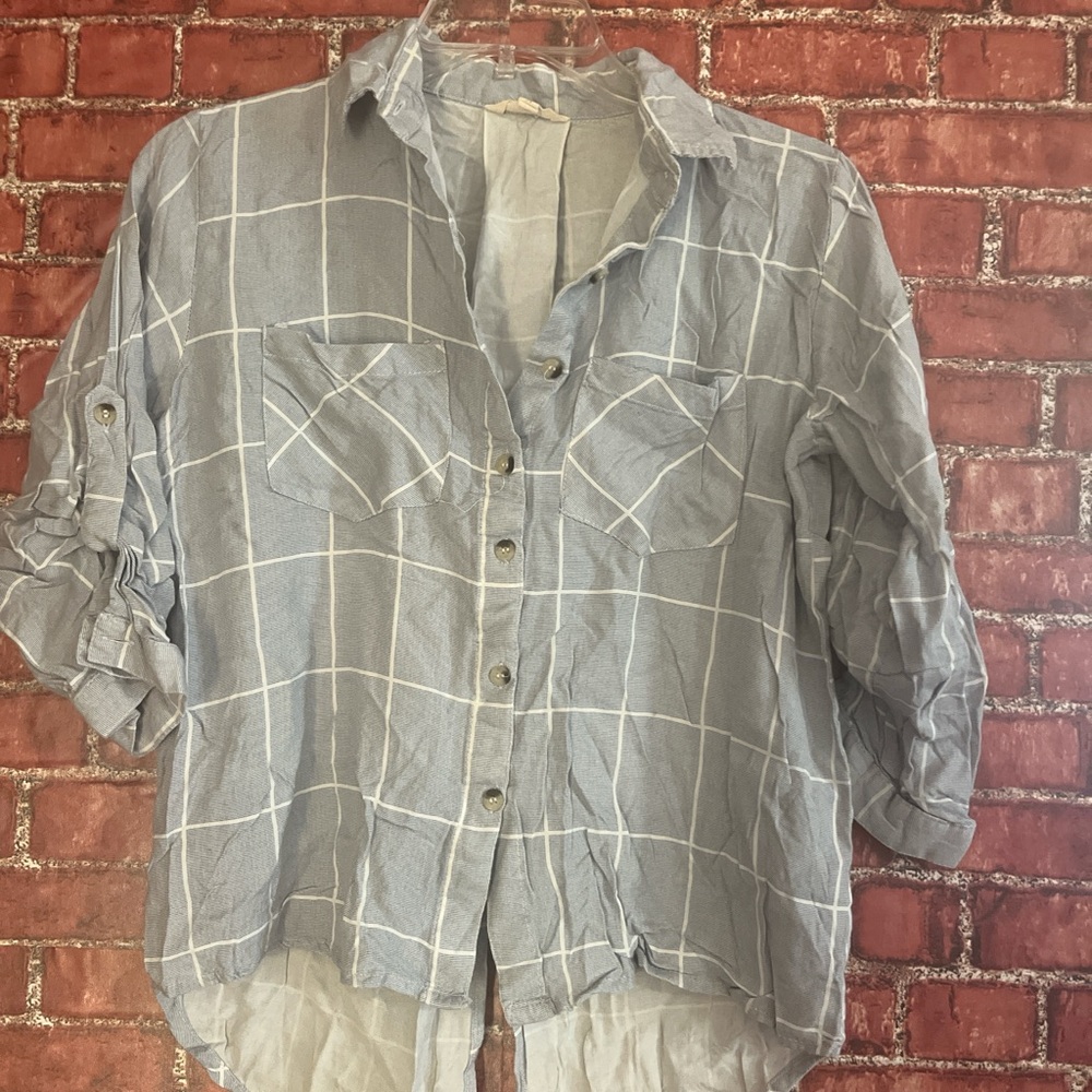 Light Gray Windowpane Button-Up Blouse